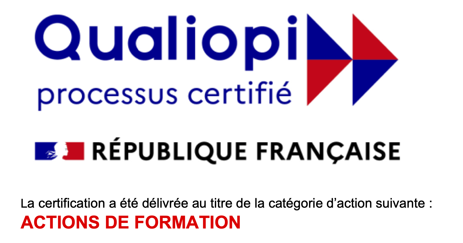 Logo Qualiopi, processus certifié, République française. La certification a été délivrée au titre de la catégorie d’action suivante : actions de formation